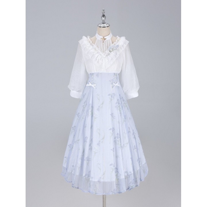 Robe one piece lolita imprimé iris blanc et violet, col licou