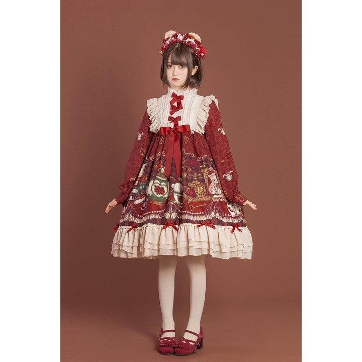 Robe one piece lolita « Crown Bear » bordeaux à manches longues