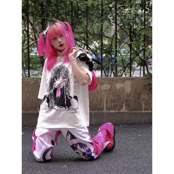 T-shirt Harajuku blanc imprimé fille gothique, col rond
