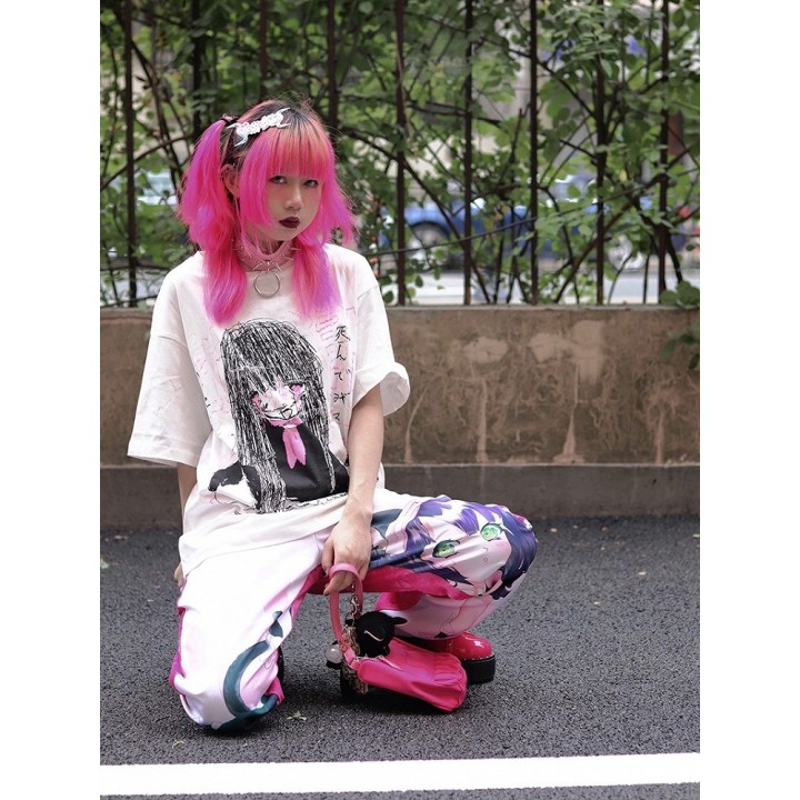 T-shirt Harajuku blanc imprimé fille gothique, col rond