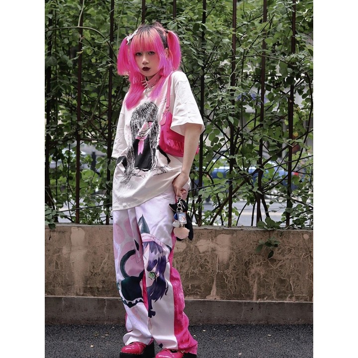 T-shirt Harajuku blanc imprimé fille gothique, col rond