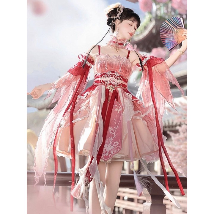 Serre-taille lolita style chinois brodé de fleurs roses