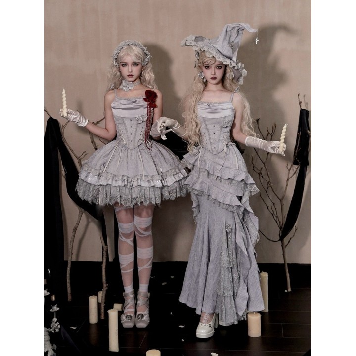 Top corset sorcière lolita gris argenté col bénitier