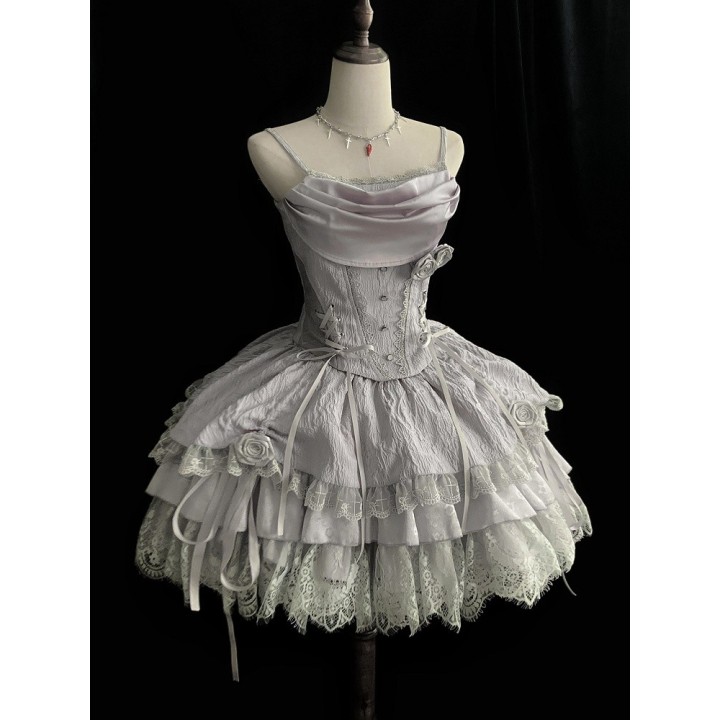 Top corset sorcière lolita gris argenté col bénitier