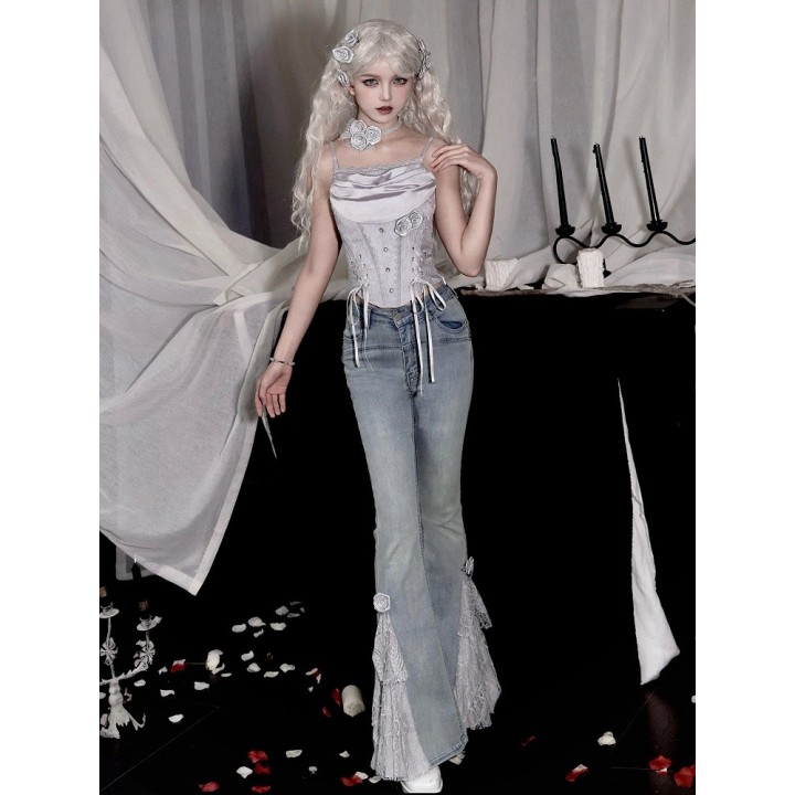 Top corset sorcière lolita gris argenté col bénitier