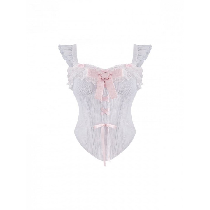 Top corset bleu manches papillon à nœuds roses