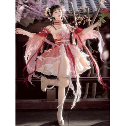 Ensemble lolita style chinois fleuri : robe fendue, ras-de-cou, manches et serre-taille