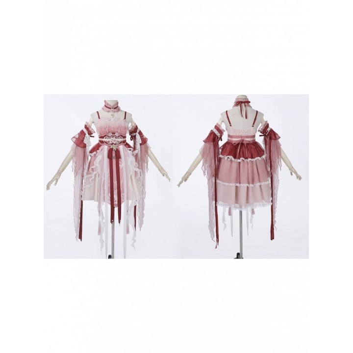 Ensemble lolita style chinois fleuri : robe fendue, ras-de-cou, manches et serre-taille