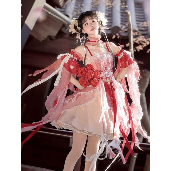 Ensemble lolita style chinois fleuri : robe fendue, ras-de-cou, manches et serre-taille
