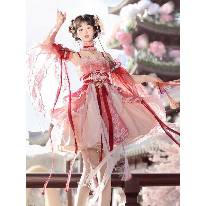 Ensemble lolita style chinois fleuri : robe fendue, ras-de-cou, manches et serre-taille