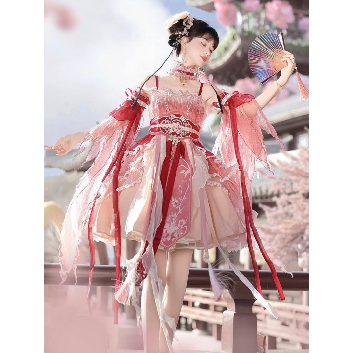 Ensemble lolita style chinois fleuri : robe fendue, ras-de-cou, manches et serre-taille