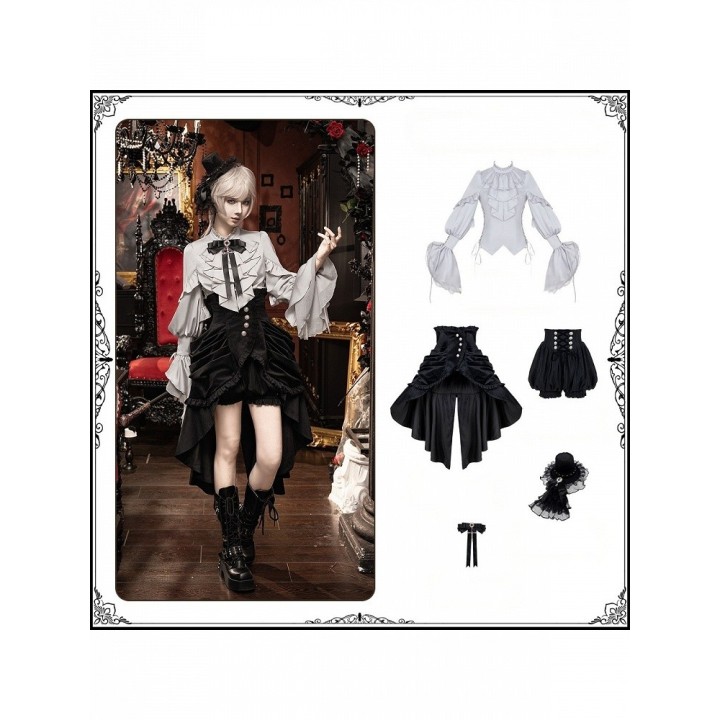 Ensemble gothic lolita Ouji 5 pièces : chemise, bloomer, corset, mini chapeau et nœud papillon