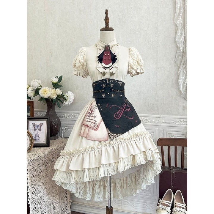 Ensemble vintage beige : chemise, jupe asymétrique et ceinture corset