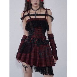 Robe punk rock tartan rouge et noir à laçage