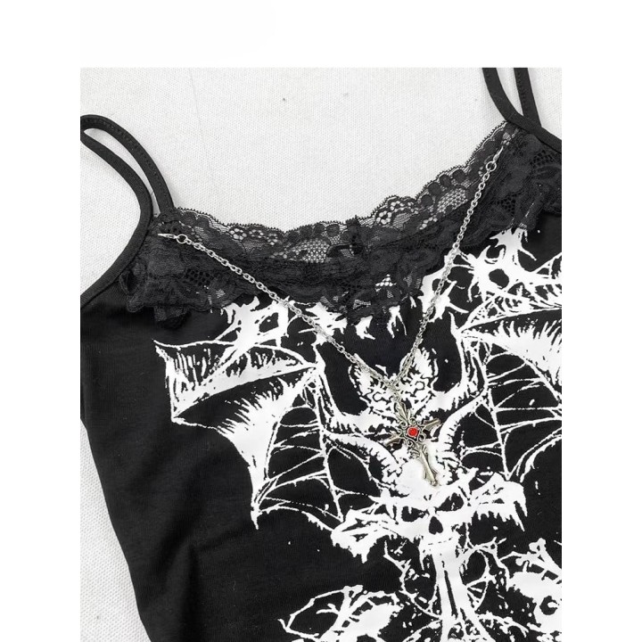 Caraco gothique noir imprimé croix et chauves-souris, bordure dentelle