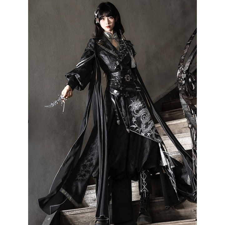 Ensemble style chinois brodé de dragons : haut, veste, pantalon et ceinture