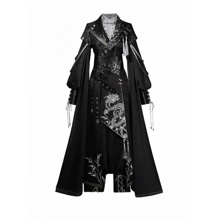 Ensemble style chinois brodé de dragons : haut, veste, pantalon et ceinture