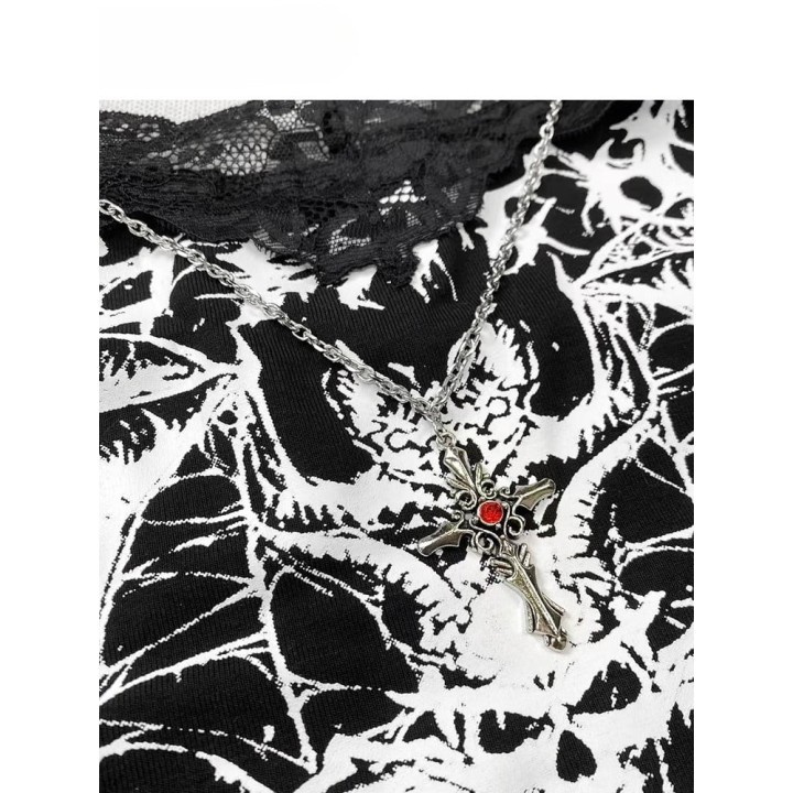 Caraco gothique noir imprimé croix et chauves-souris, bordure dentelle