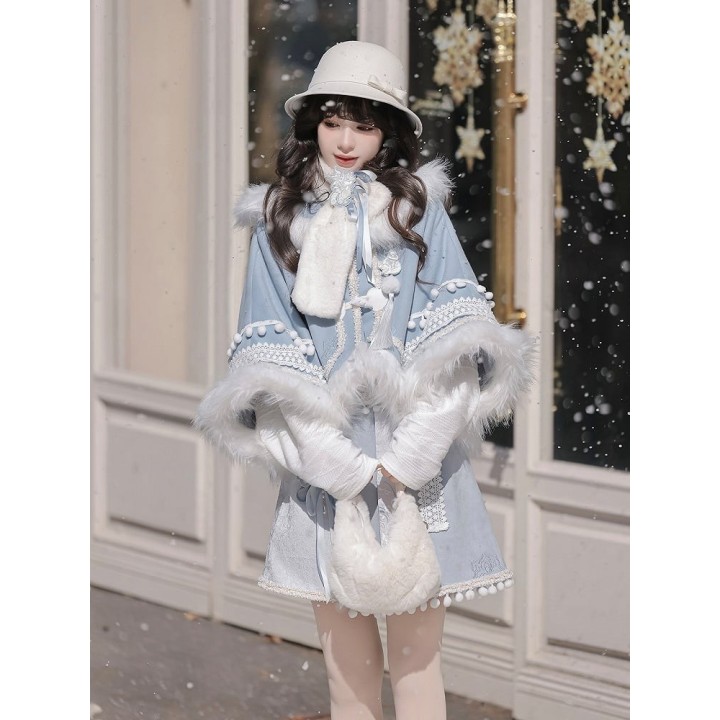 Ensemble d'hiver style chinois : manteau peluche, haut brodé, jupe à pompons et écharpe