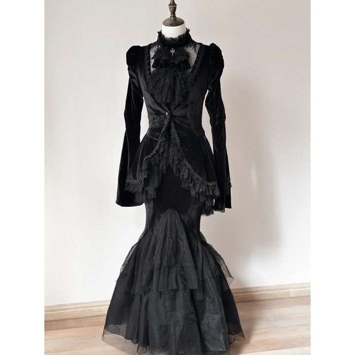 Ensemble blouse brodée, veste et jupe sirène – Noir