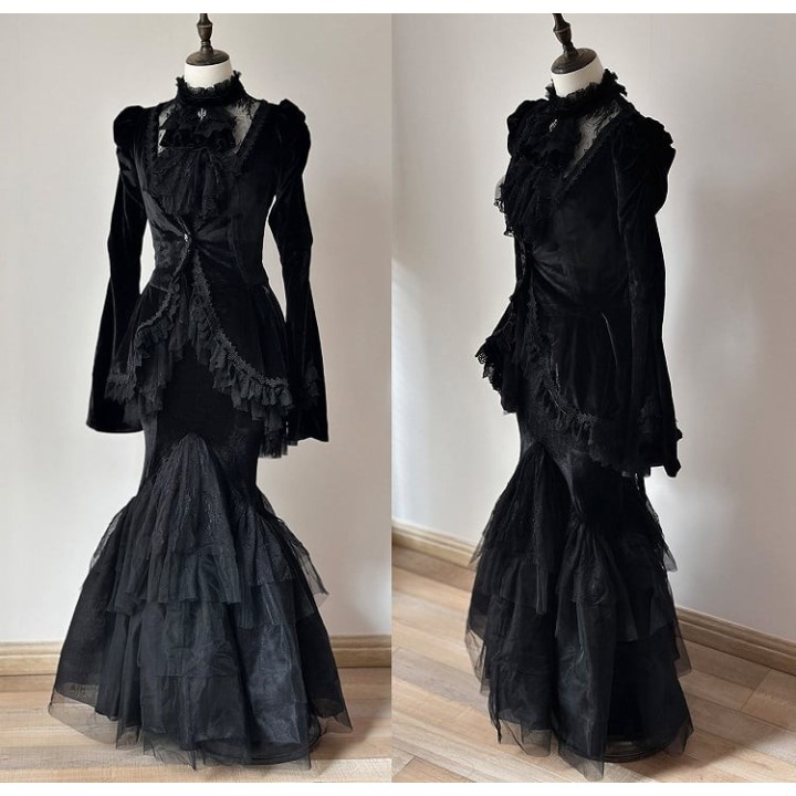 Ensemble blouse brodée, veste et jupe sirène – Noir