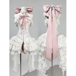 Ensemble balletcore : robe corset JSK blanche, bloomer rose et nœuds