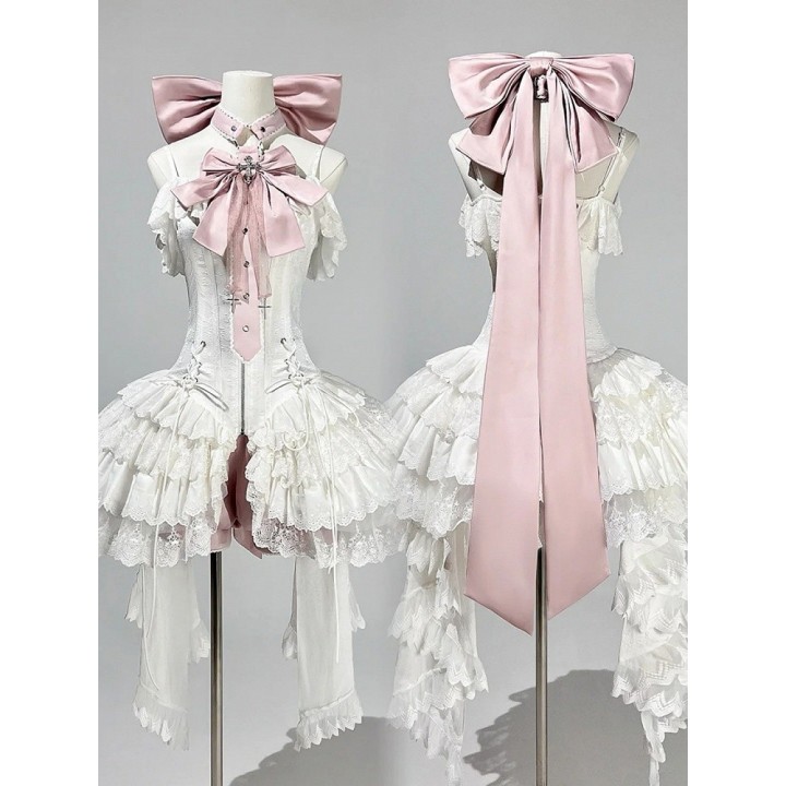 Ensemble balletcore : robe corset JSK blanche, bloomer rose et nœuds