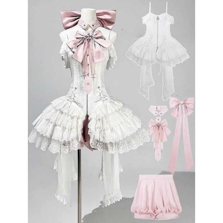 Ensemble balletcore : robe corset JSK blanche, bloomer rose et nœuds