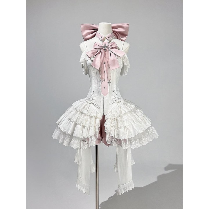 Ensemble balletcore : robe corset JSK blanche, bloomer rose et nœuds
