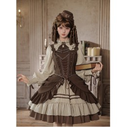 Robe OP lolita courte rayée beige et marron (robe seule ou ensemble complet)