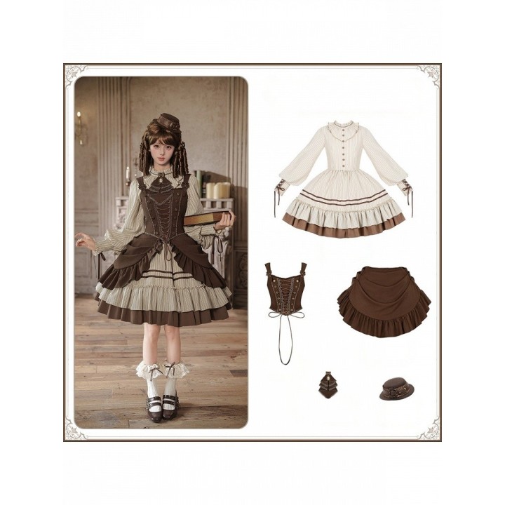 Robe OP lolita courte rayée beige et marron (robe seule ou ensemble complet)