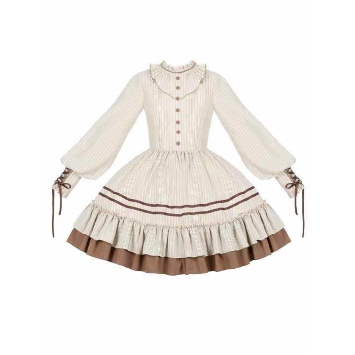 Robe OP lolita courte rayée beige et marron (robe seule ou ensemble complet)