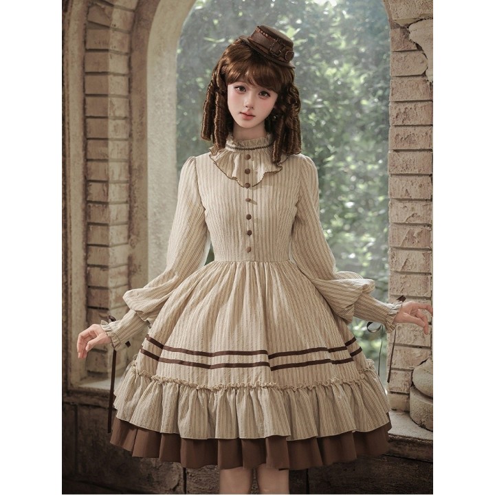 Robe OP lolita courte rayée beige et marron (robe seule ou ensemble complet)