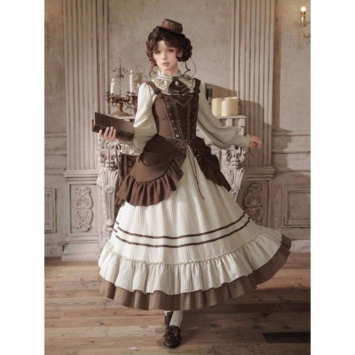 Robe OP lolita rayée beige et marron manches ballon (robe seule ou ensemble complet)