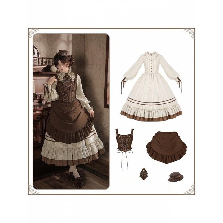 Robe OP lolita rayée beige et marron manches ballon (robe seule ou ensemble complet)