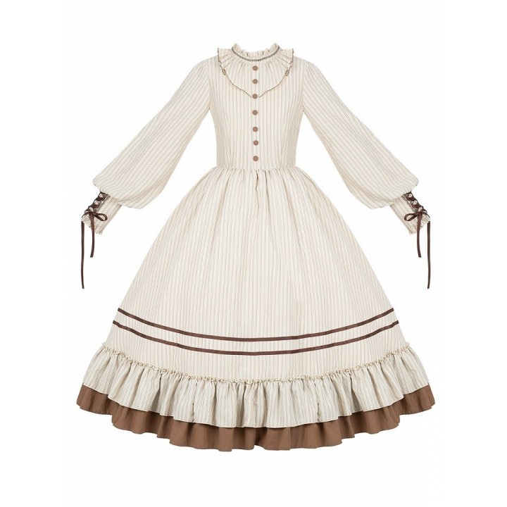 Robe OP lolita rayée beige et marron manches ballon (robe seule ou ensemble complet)
