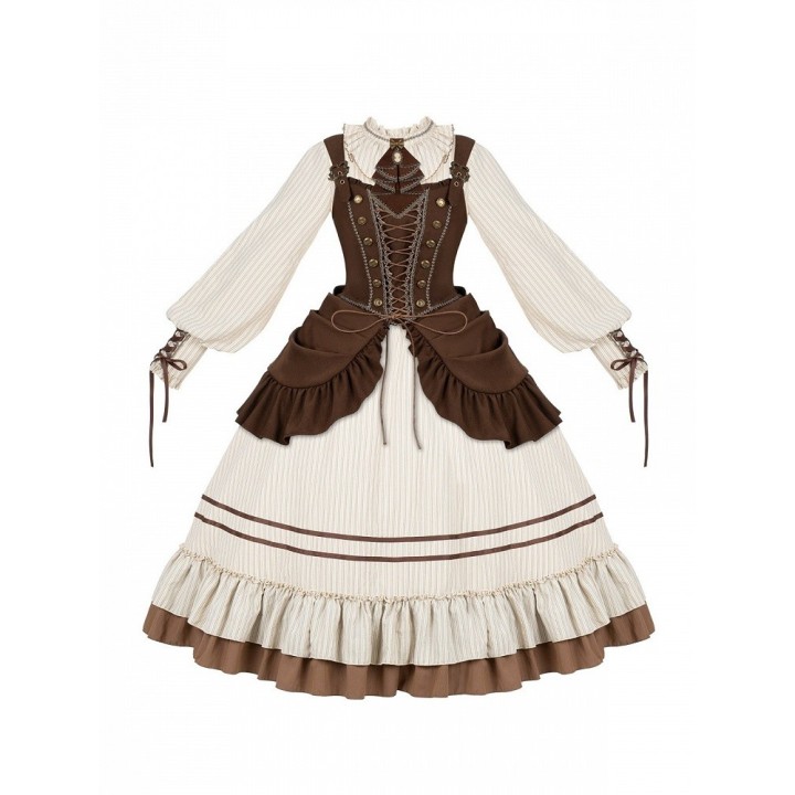 Robe OP lolita rayée beige et marron manches ballon (robe seule ou ensemble complet)