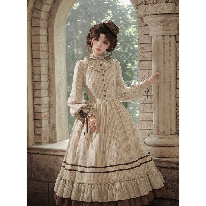 Robe OP lolita rayée beige et marron manches ballon (robe seule ou ensemble complet)