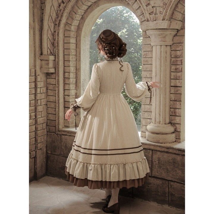 Robe OP lolita rayée beige et marron manches ballon (robe seule ou ensemble complet)