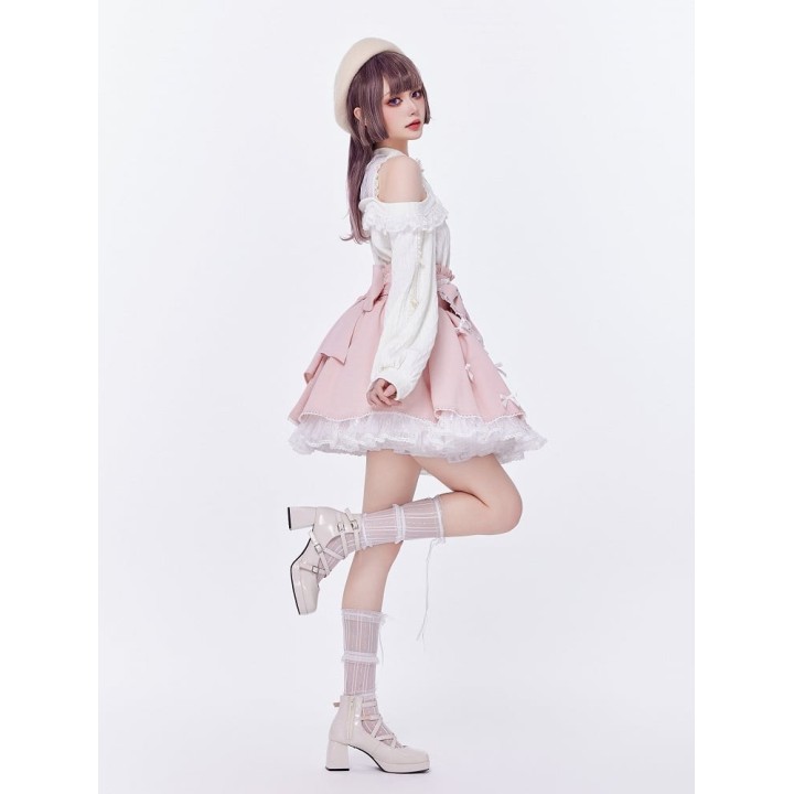 Jupe Jirai Kei rose à nœuds et perles