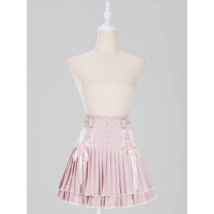 Jupe plissée Jirai Kei à ceinture boucle cœur strass – Rose