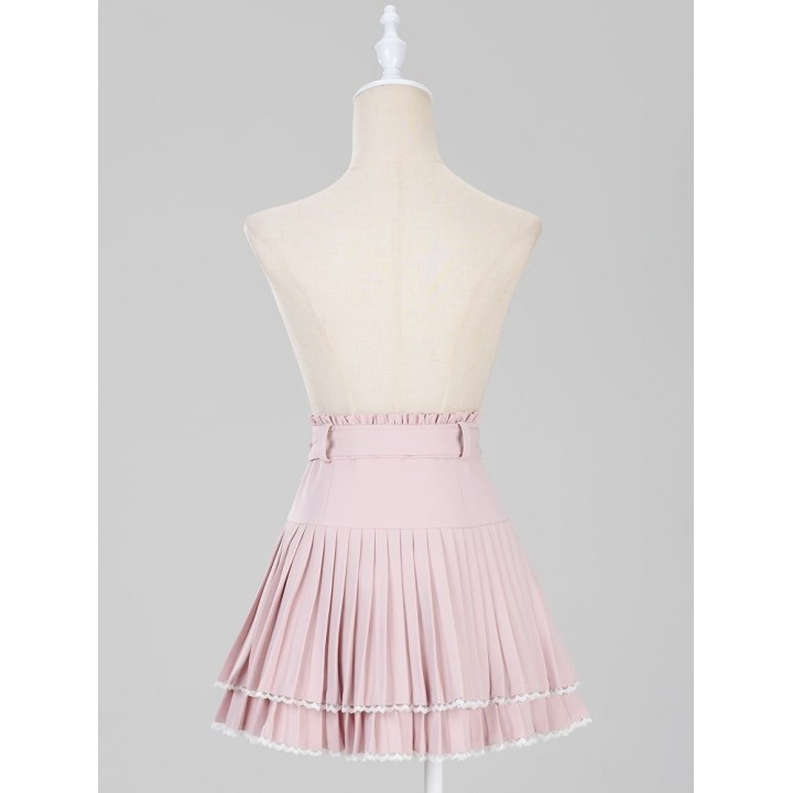Jupe plissée Jirai Kei à ceinture boucle cœur strass – Rose