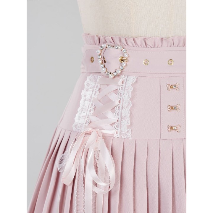 Jupe plissée Jirai Kei à ceinture boucle cœur strass – Rose