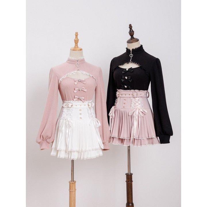 Jupe plissée Jirai Kei à ceinture boucle cœur strass – Rose