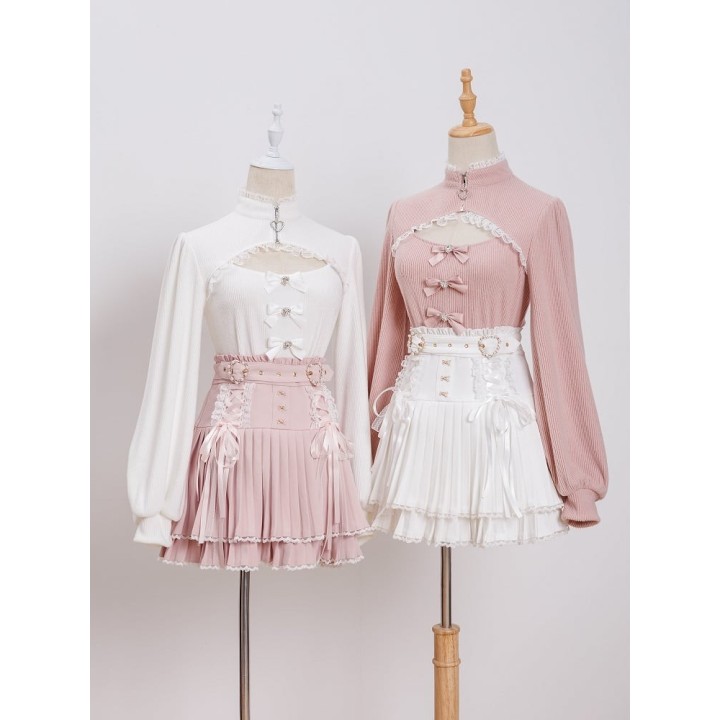 Jupe plissée Jirai Kei à ceinture boucle cœur strass – Rose