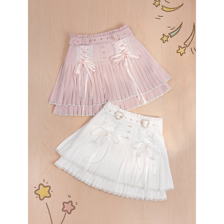 Jupe plissée Jirai Kei à ceinture boucle cœur strass – Blanc