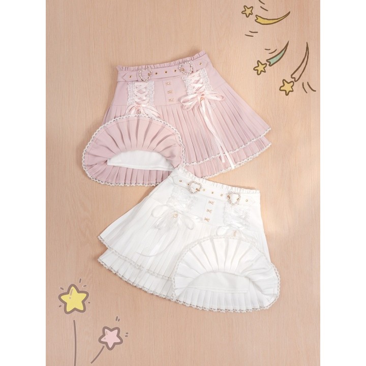 Jupe plissée Jirai Kei à ceinture boucle cœur strass – Blanc