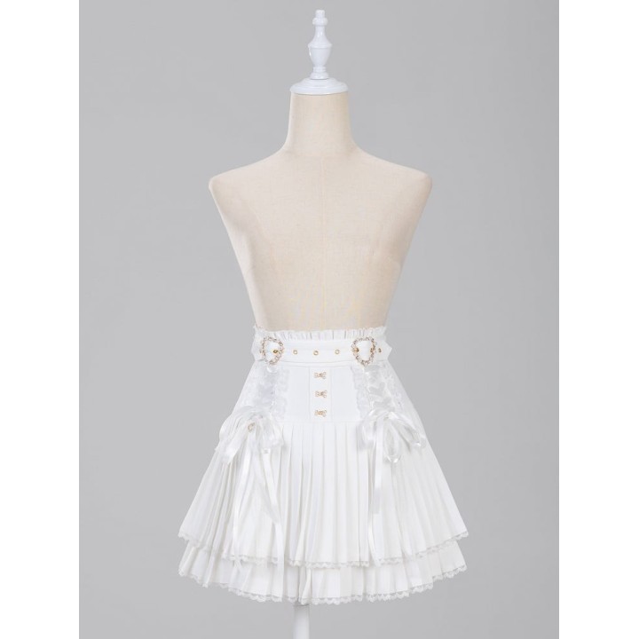Jupe plissée Jirai Kei à ceinture boucle cœur strass – Blanc