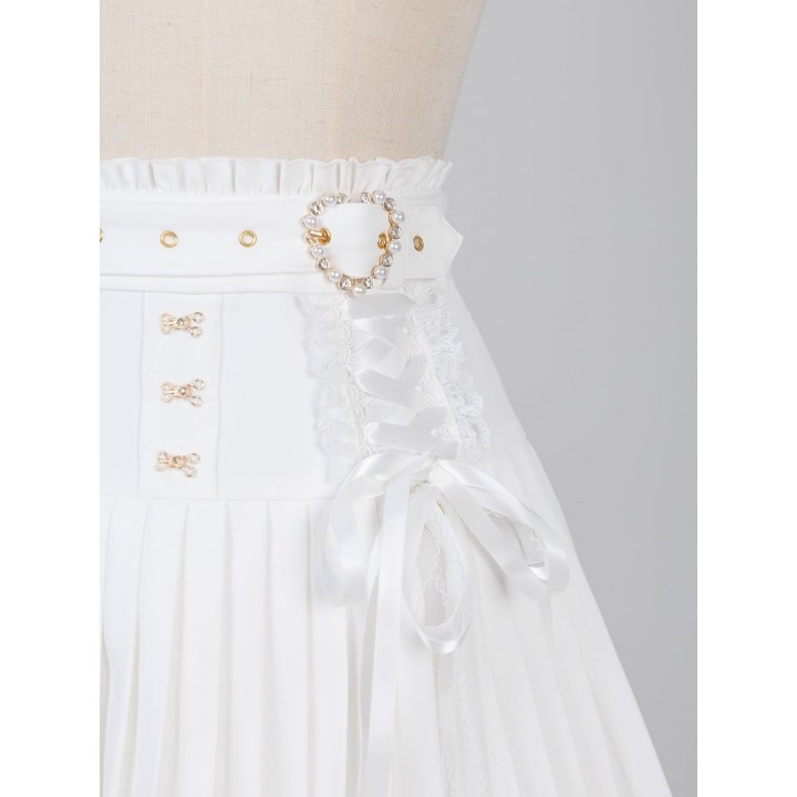 Jupe plissée Jirai Kei à ceinture boucle cœur strass – Blanc
