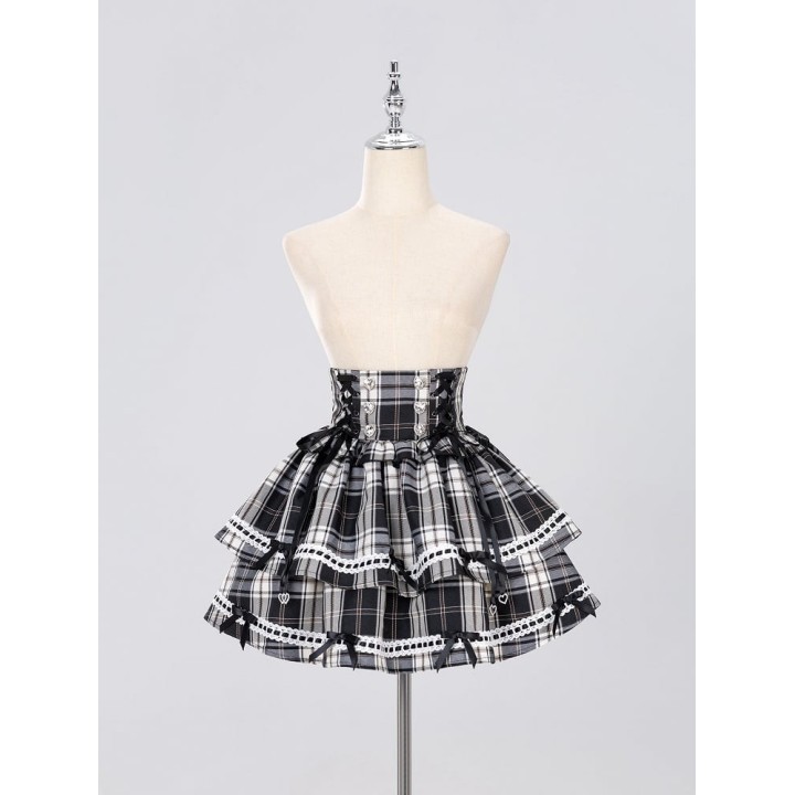 Jupe Jirai Kei taille haute à carreaux noire lacée à nœuds